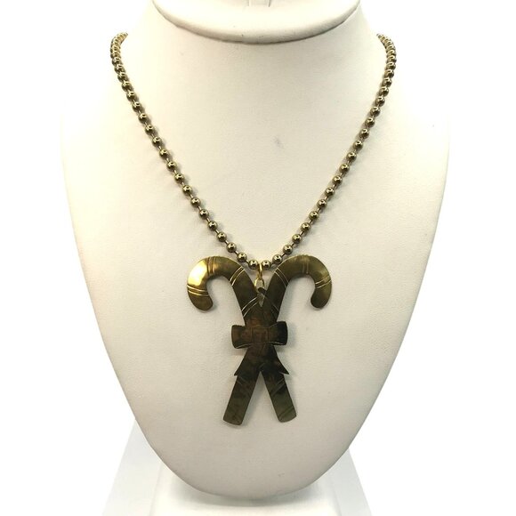 Retired Jeep Collins Hammered Brass Candy Cane Pendant Necklace, Designer Signed - Picture 3 of 7